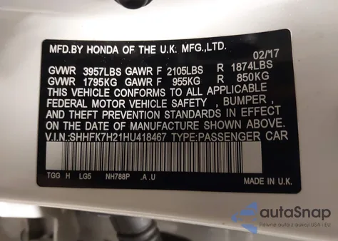 2017 Honda Civic Lx z USA, uszkodzony, nr VIN SHHFK7H21HU418467